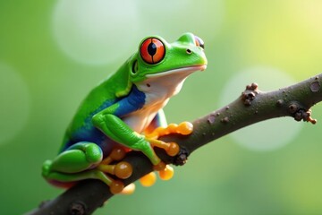Obraz premium Green tree frog perched on white, vibrant colors , animal, wetlands, fauna