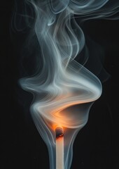 Glowing matchstick with swirling smoke against black background.