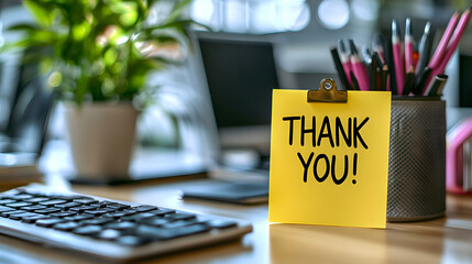 A yellow sticky note with "THANK YOU!" written on it sits on a keyboard, conveying appreciation and gratitude in a digital workspace.