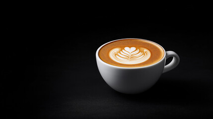 Latte Coffee with Heart Design in White Cup on Black Background