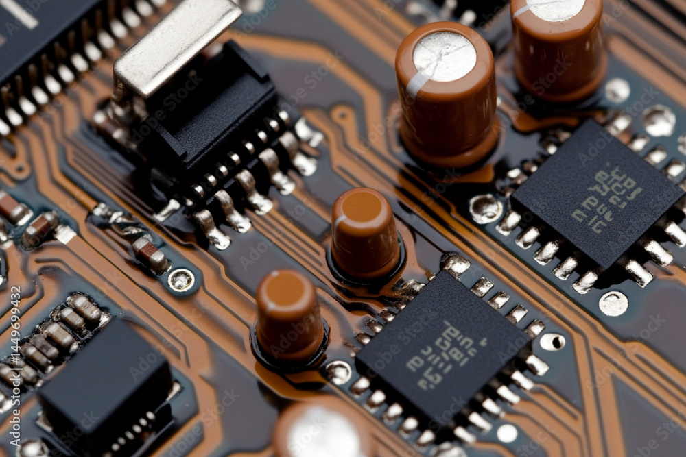 Poster close-up view of circuit board components in the manufacturing process