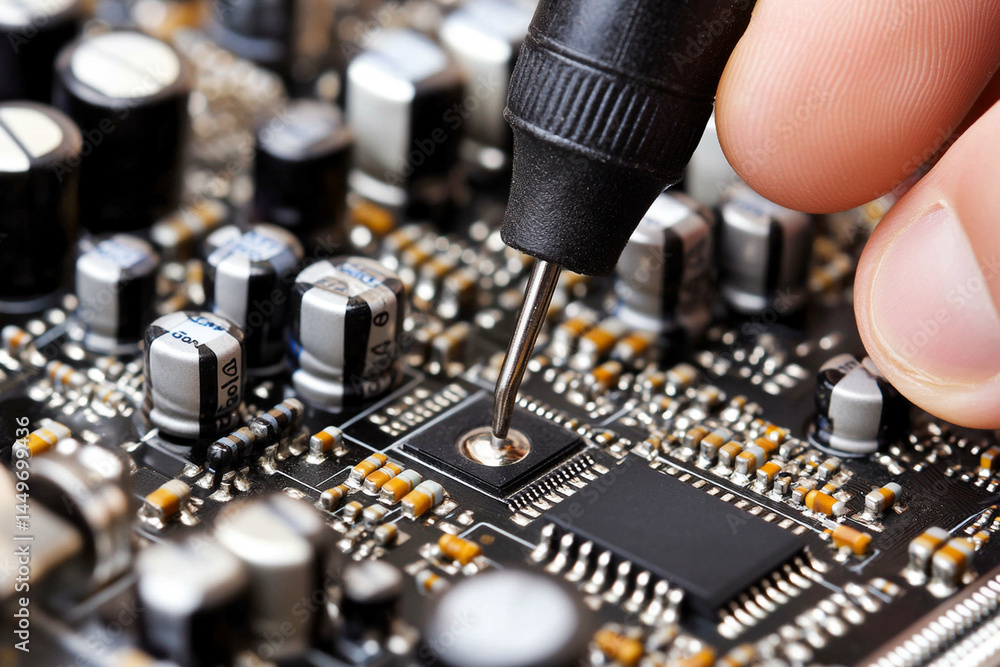 Aufkleber close-up view of circuit board manufacturing process highlighting precision soldering technique