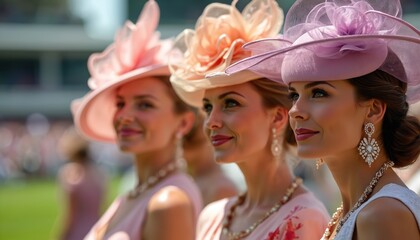 Elegant women at Royal Ascot horse race. Ladies wear fancy hats, stylish outfits, expensive jewelry. High society event, fashion, lifestyle celebration. Horse racing, equestrian sport. Sophisticated