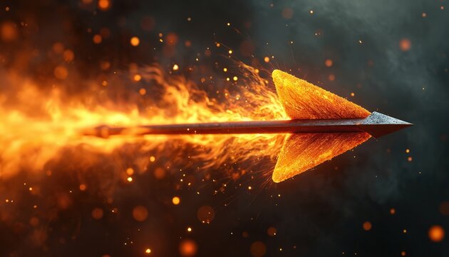 Flaming arrow illustration in flight. Burning arrow with orange flames, detailed flames trailing behind. Symbol of fire, passion, power, energy. Dark black background with selective focus, artistic