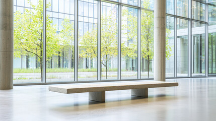 Fototapeta premium minimalist concrete bench in modern interior space, surrounded by large glass windows showcasing vibrant greenery outside