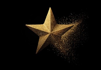 Gold glitter star disintegrating on black background.