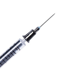 Close-up of a medical syringe with a needle, transparent barrel, rubber plunger, and metallic needle for injections, healthcare, and vaccination procedures on transparent background