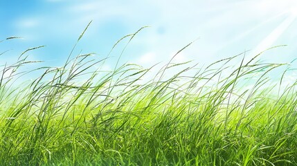 Fototapeta premium Lush green grass field swaying gently in a bright sky.