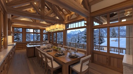 Fototapeta premium Spacious, rustic-style dining area with panoramic mountain views.