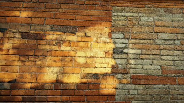 Weathered brick wall texture, orange and grey tones, showing age and decay