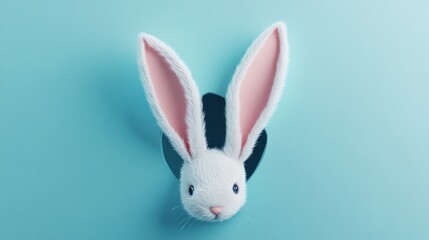 Obraz premium Fluffy white rabbit peeking from a hole on a pastel blue background