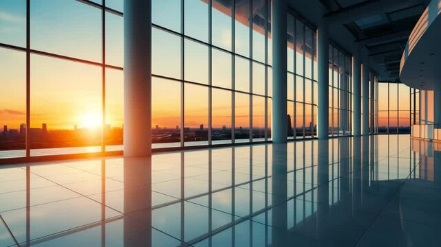 Modern office interior with large windows showcasing a beautiful sunset view.