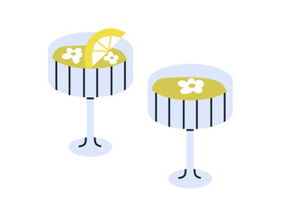 Cocktail drink in coupe glasses. Summer party beverages with lemon wedge slice and flower decoration. Refreshing beverage in modern stemware. Flat vector illustration isolated on white background