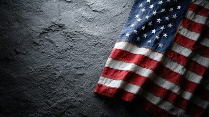 Obraz premium A weathered American flag draped against a dark, textured background. The red, white, and blue colors stand out against the somber backdrop.
