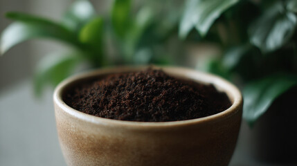 Bowl of coffee grounds sits next to lush green plants