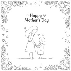 Minimalist hand drawn vector of mother and daughter holding hands surrounded by a floral border designed for sweet and simple Mothers Day designs


