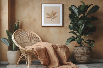 Boho Rattan Chair Beige Wall Decor