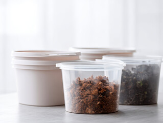 Clear plastic containers with compost materials in minimalist home