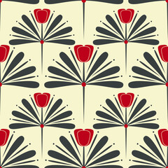 Red abstract flower seamless pattern on a beige background. Art Deco tulip endless print.