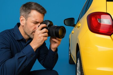 Man photographing damage on yellow car for insurance Appraisal
