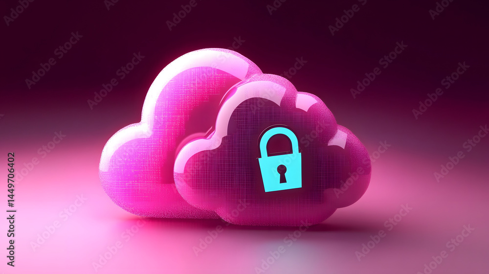 Poster abstract illustration of cloud security services, stylized cloud icon integrated with a secure padlo