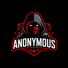 Dramatic Hooded Figure with Red Mask and Anonymous Text Esport Logo