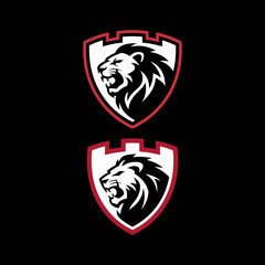 Twin Roaring Lion Head Logos in Red Outlined Shields with Battlements