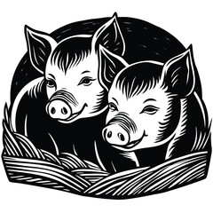 Simple hand-drawn silhouettes of several pigs in various poses stand out in the Pig Breeds collection. Farm animals set. Black silhouette flat design. Vector illustration
