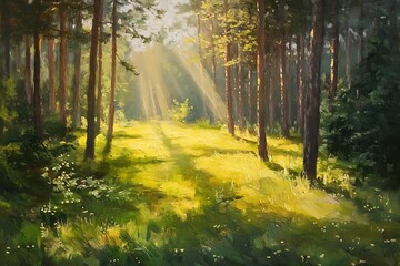 Obraz premium Sunlit Forest Meadow Golden Hour Painting Vibrant Green Hues Impressionistic Brushstrokes Peaceful Nature Scene