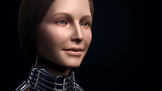 Smiling female humanoid robot with realistic face and cybernetic neck in dark futuristic setting, representing human-AI interaction and emotional robotics