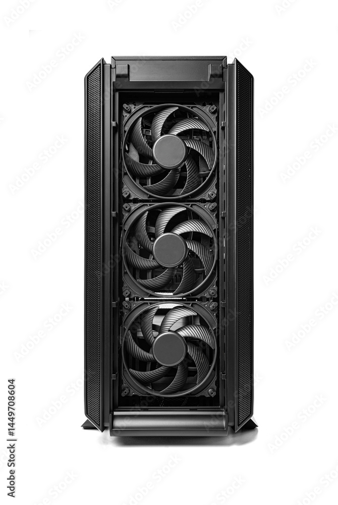 Poster a powerful custom-built pc case featuring triple front intake fans and high-end internal components 