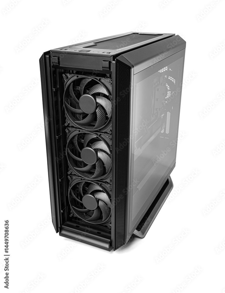Poster a powerful custom-built pc case featuring triple front intake fans and high-end internal components 