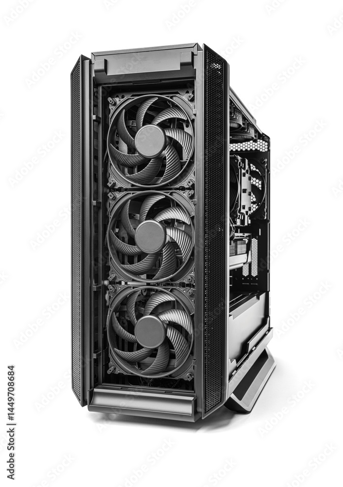 Poster a powerful custom-built pc case featuring triple front intake fans and high-end internal components 