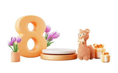 Women Day 8 March banner with podium, number eight, pink tulip flowers, gift boxes and cute alpaca soft toy on light brown background 3d render. Holiday discount and sale promo scene