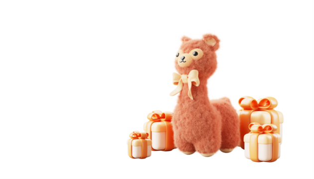 3d Llama, fluffy alpaca animal, cute Lama character, soft wool child toy with bow and gift box on light brown background. Holiday banner for Birthday, New Year and Christmas party - Powered by Adobe