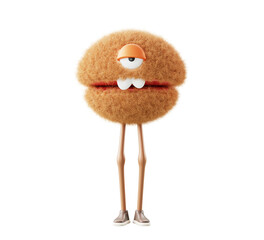 Cute monster cartoon character 3d render. Funny fluffy alien, furry animal creature with face, eye, mouth. Comic fur halloween donut costume. Hairy fuzzy mascot on green background