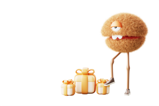 3d funny hairy monster with gift boxes on green background. Holiday banner with cute fur fluffy cartoon character render. Furry comic creature with presents for birthday celebration - Powered by Adobe