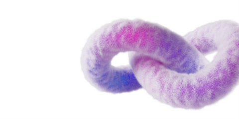 Abstract 3d pink background wallpaper with fur line in infinity shape, soft fluffy chain of wool links, furry connected rings, cute geometric form with gradient texture render, banner