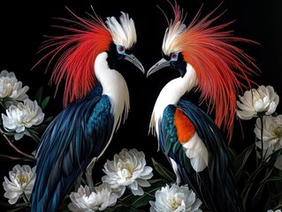 Obraz premium Two crowned birds facing, white flowers, dark background, nature art print