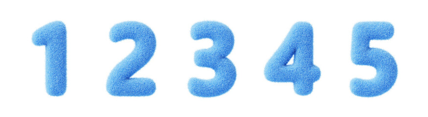3d blue fur fluffy font numbers from 1 to 5. Furry or soft wool felt numeral icons. Fuzzy figures...