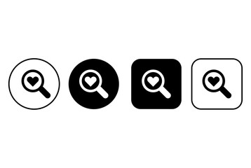Collection of magnifying glass icons with heart inside. Buttons for web design