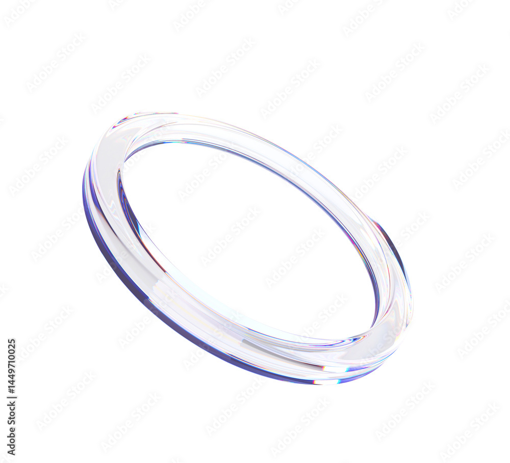 Poster 3d abstract liquid glass transparent circular ring with chromatic effect on blue background render. Iridescent glossy crystal torus shape with holographic gradient, dynamic element