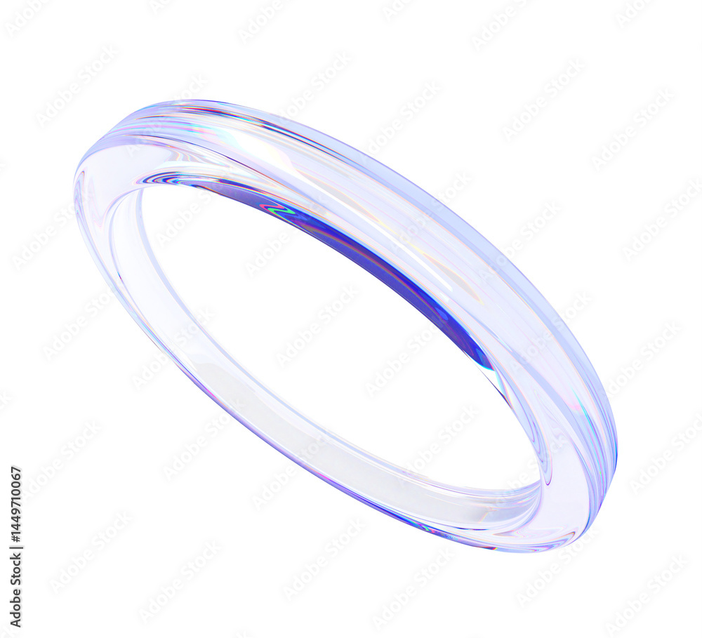 Poster 3d abstract glass liquid holographic transparent circle ring render background. Iridescent fluid circular shape, glossy crystal torus object with dispersion light, hologram gradient