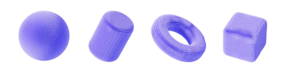 Fluffy ball, cylinder, torus and cube 3d render icon set. Abstract geometric furry shapes with hair texture. Blue fuzzy objects, soft fur toy for play child, isolated graphic elements