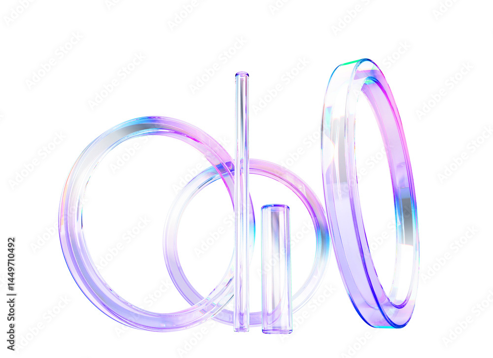 Poster 3d abstract glass liquid transparent rings and cylinders background. Rainbow geometric shapes with hologram gradient texture render. Futuristic circular portal frames and tube lines
