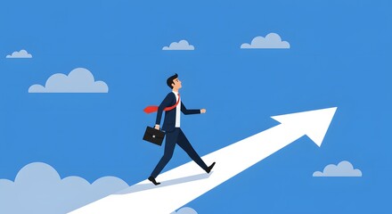 Obraz premium AI image shows a confident businessman with a briefcase walking upward on a large white arrow against a blue sky, symbolizing progress