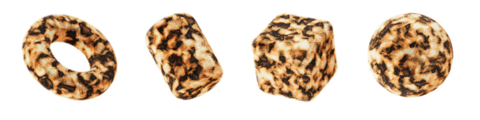 3d abstract geometric fluffy shapes with fur spotted pattern. Fashion furry sphere, cylinder, ring, cube with hair texture. Isolated fuzzy objects, soft children toys render icon set