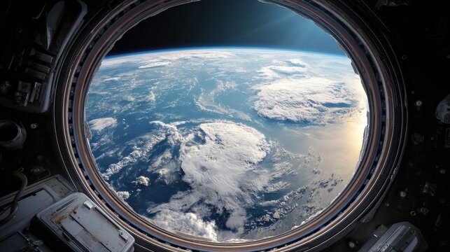 Fototapeta Stunning view of Earth from a spacecraft window. Clouds and ocean seen from orbit. Breathtaking space exploration image.