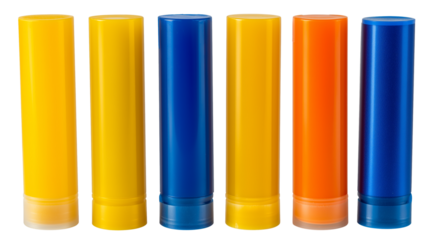 array of colorful lip balm tubes isolated on white transparent background
