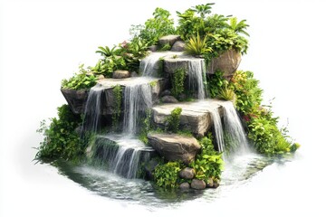 Cascading waterfalls in a lush green landscape isolated on white background representing nature, tranquility, and scenic beauty